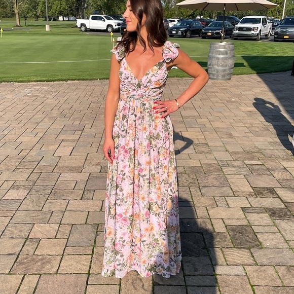 Belle Floral Print Sweetheart Neck Lace Up Backless Ruffle Trim Dress - Picture 1 of 8